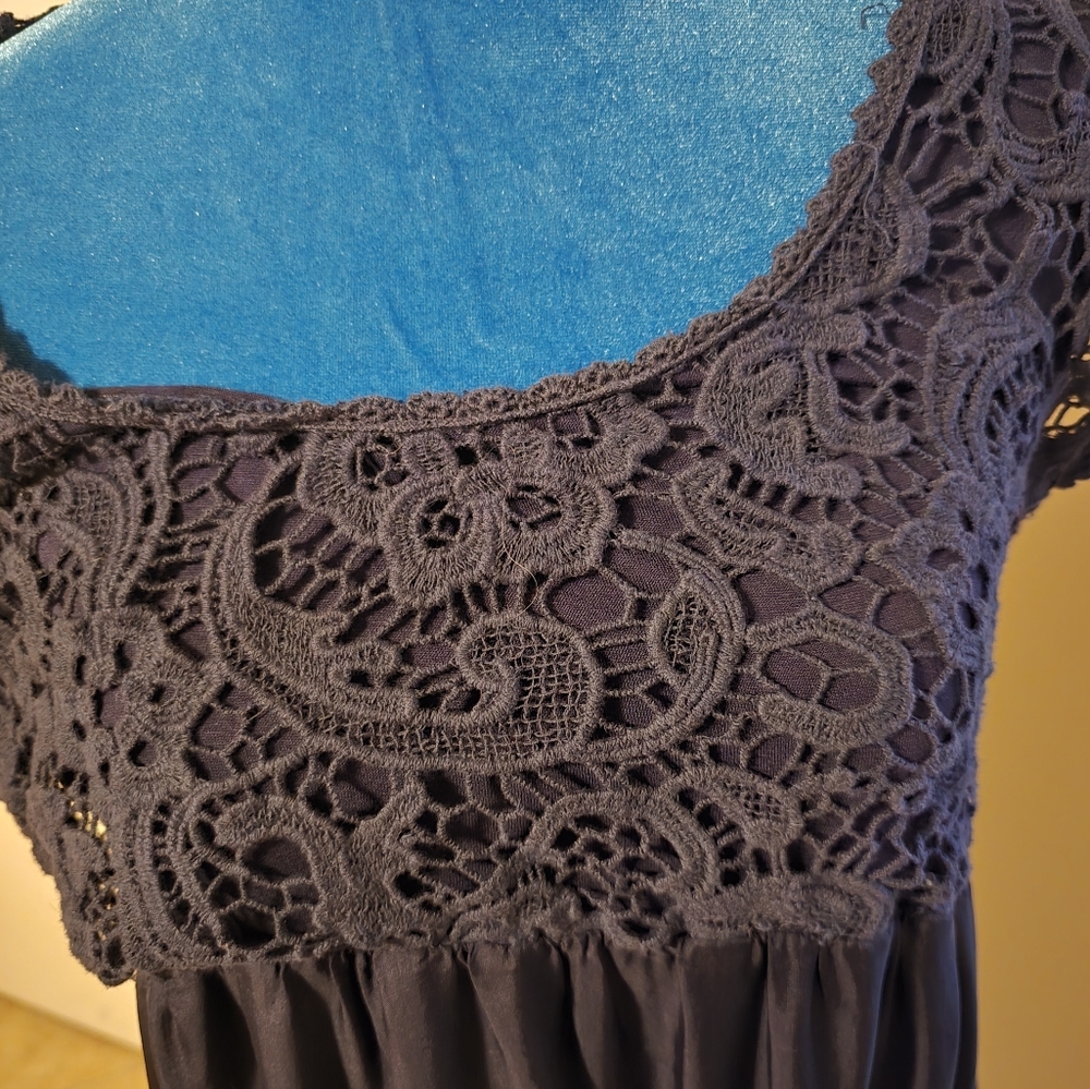 Piazzo Roma Navy Lace Detail Silk Dress L Crocheted Detail Italy Romantic - Picture 6 of 10